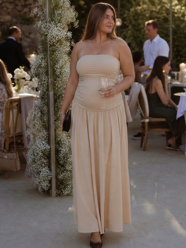 Clemence | Strapless Gerimpelde Midi-jurk