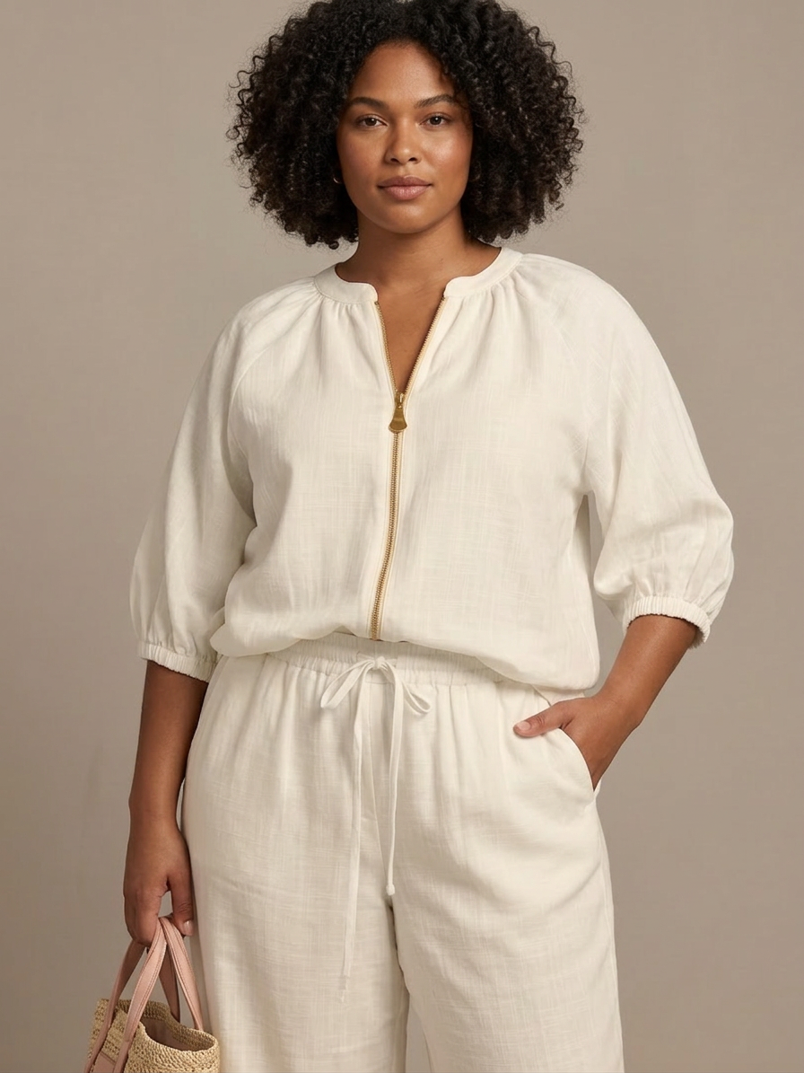 Cecily | Zip Front Blouson Top Wide Leg Set