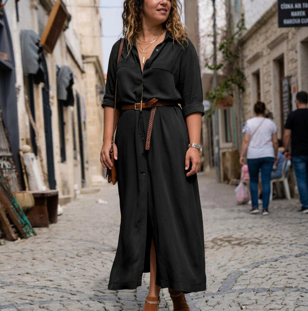 Lark Lange Mouw Geknoopte Jurk: Elegante Vrouwelijke Silhouet