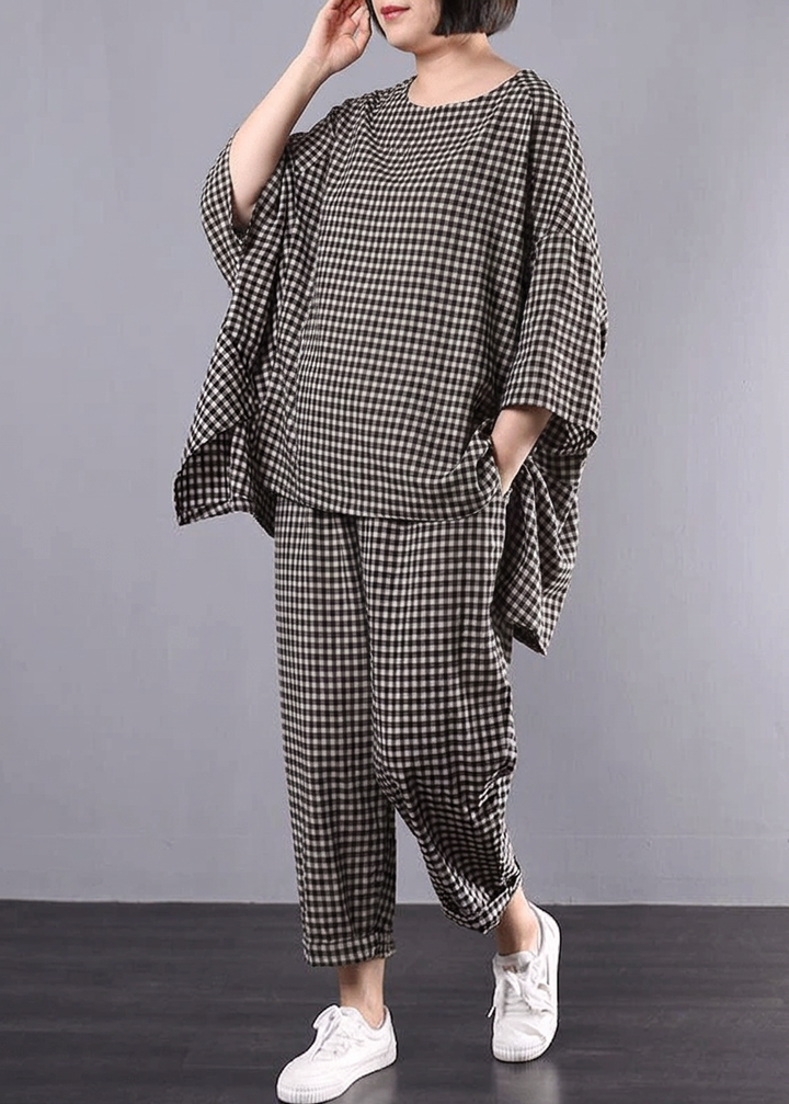 Elke - Casual Plus Size Katoen Linnen Rode Ruit Vintage Blouse En Broek