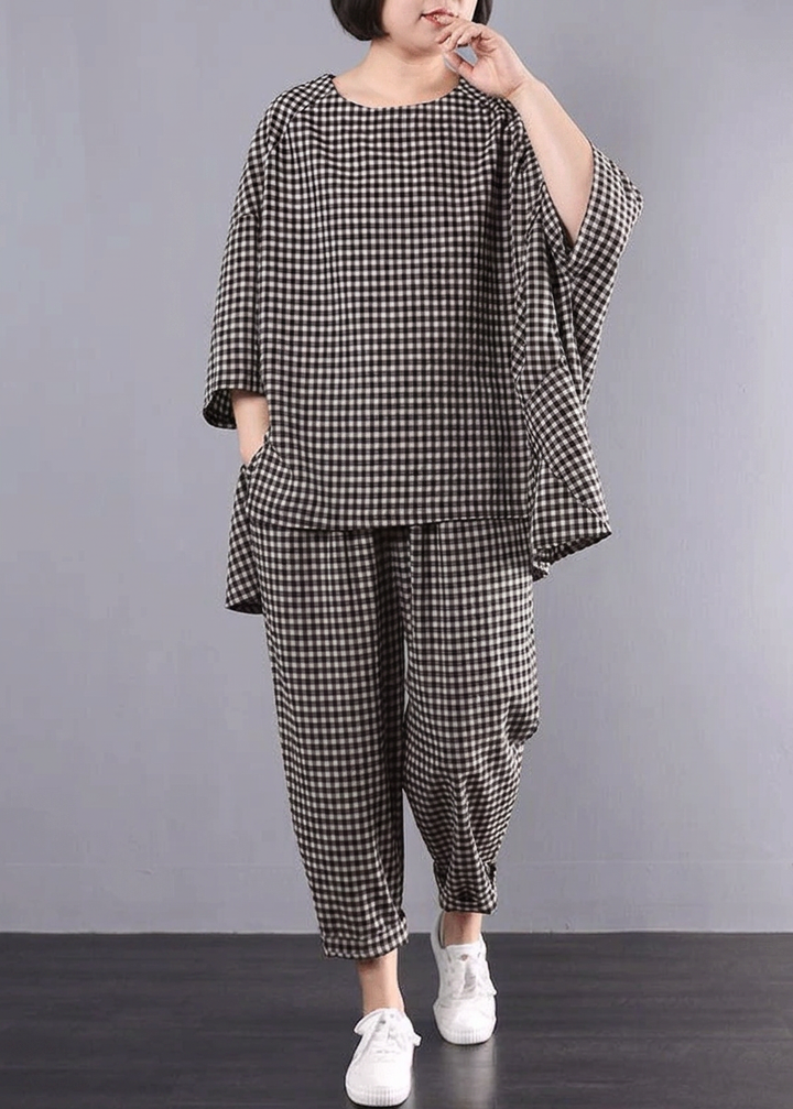 Elke - Casual Plus Size Katoen Linnen Rode Ruit Vintage Blouse En Broek