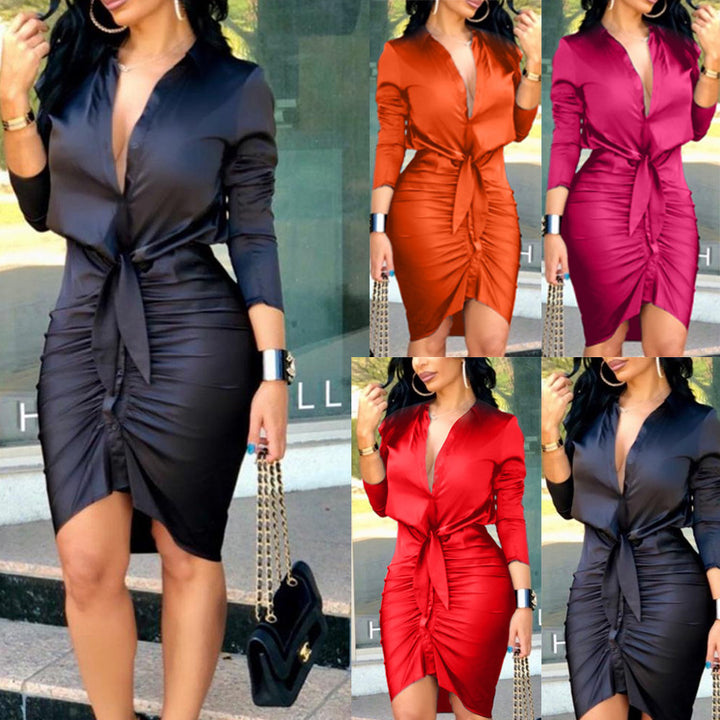 Satijnachtige blousejurk met strik in taille