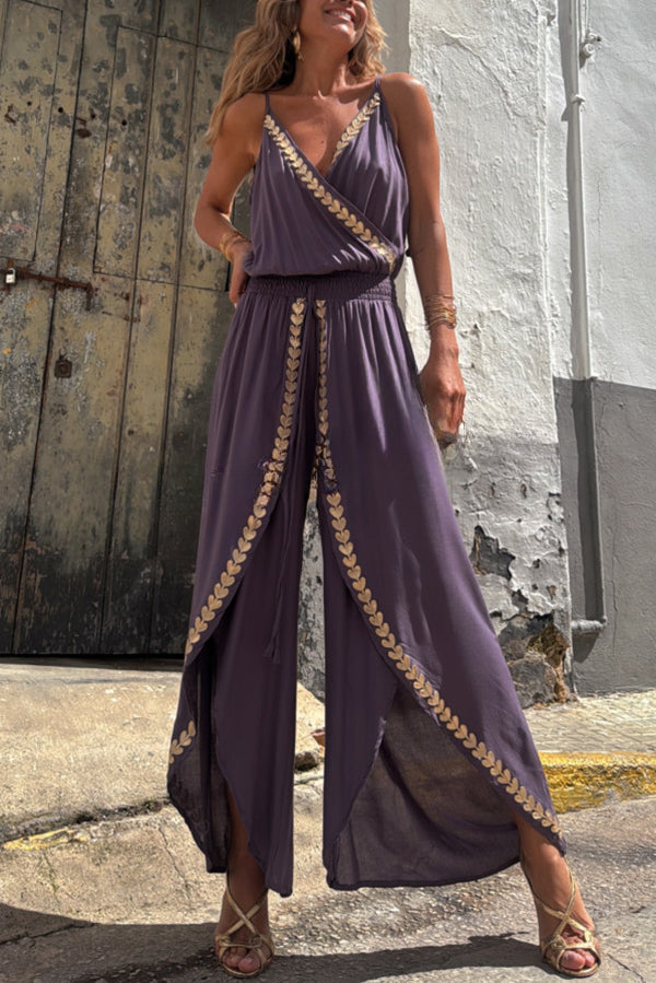 Irina - Tamia Gouden Bies Elastische Taille Split Wijde Pijpen Slip Jumpsuit