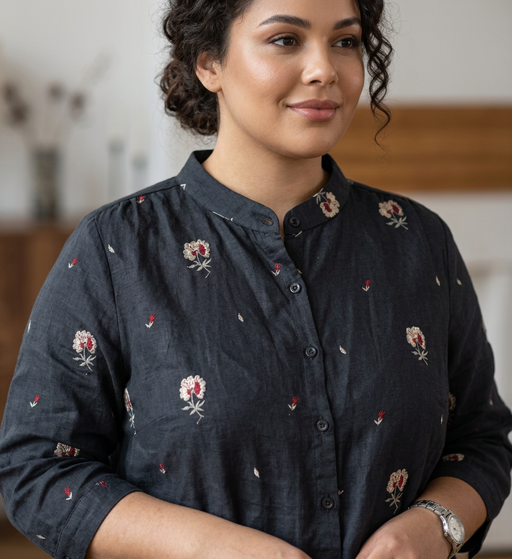 Rin - Katoenen Bloem Geborduurd Comfortabel Shirt