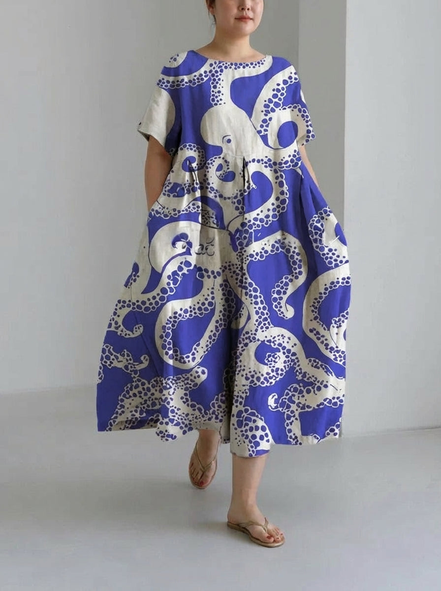 Thea | Mode Blauwe Octopus Print Losse Ronde Hals Middellange Rok Jurk