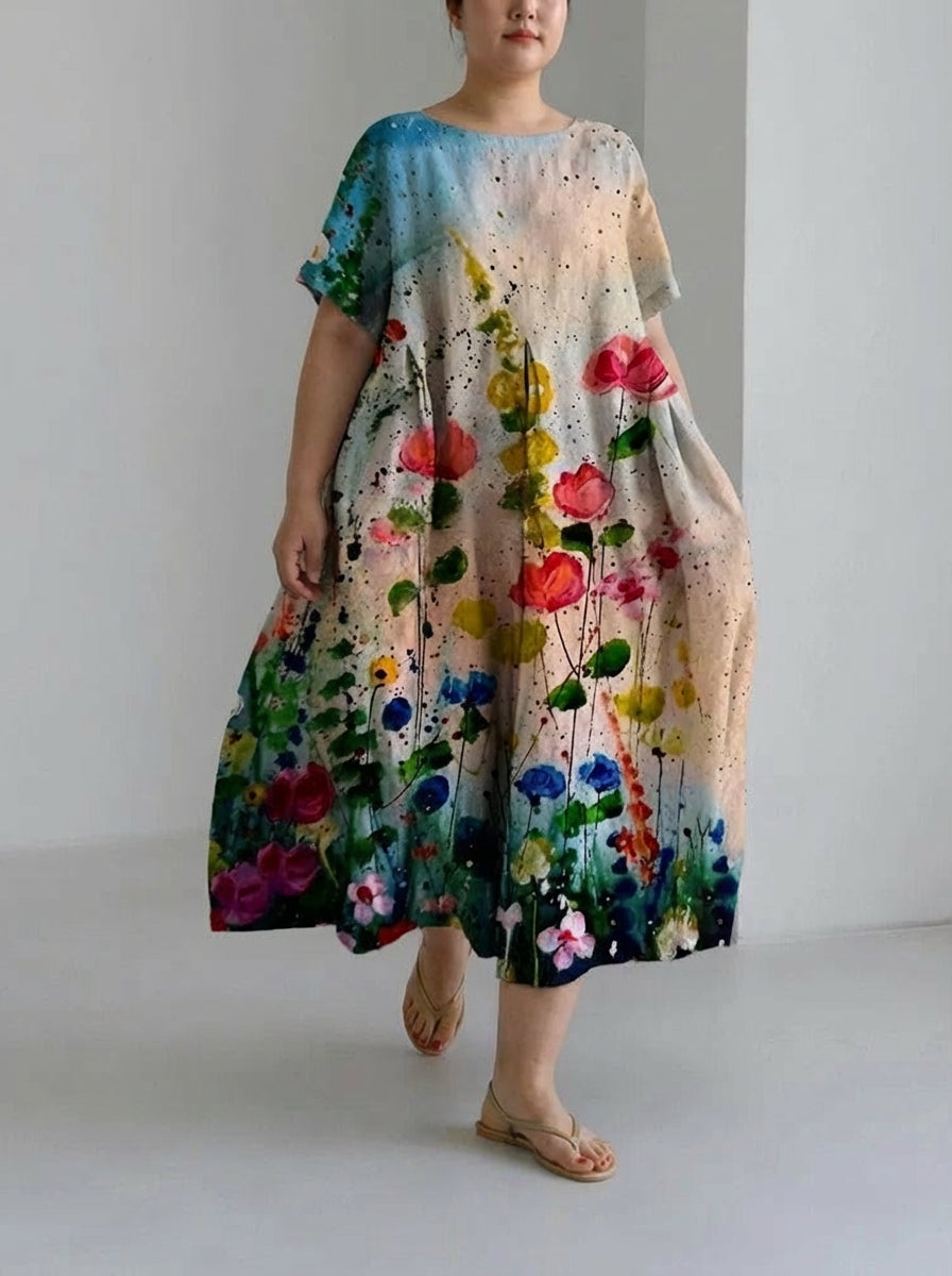 Theodora | Olie Kunst Flory Losse Ronde Hals Middellange Rok Jurk