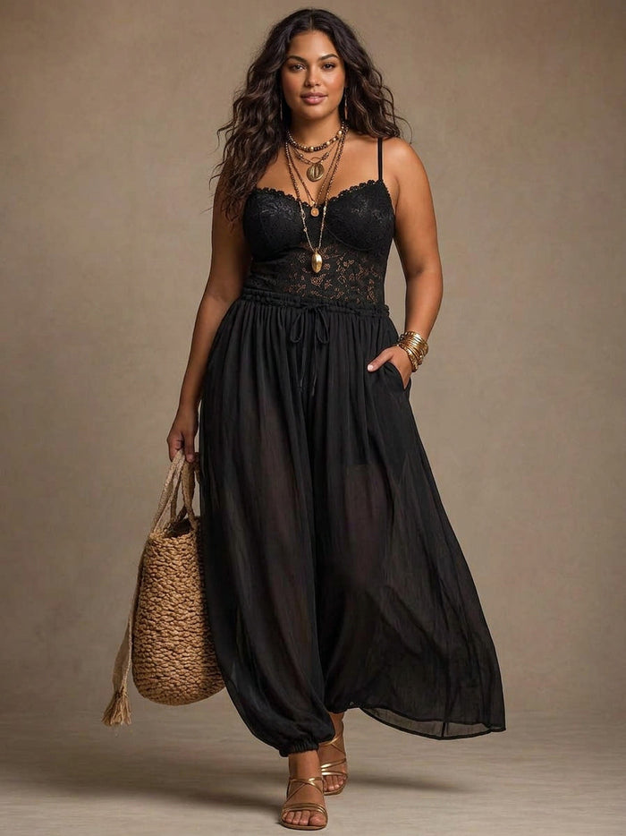 Dames Jumpsuit met Kanten Top en Wijde Pijpen