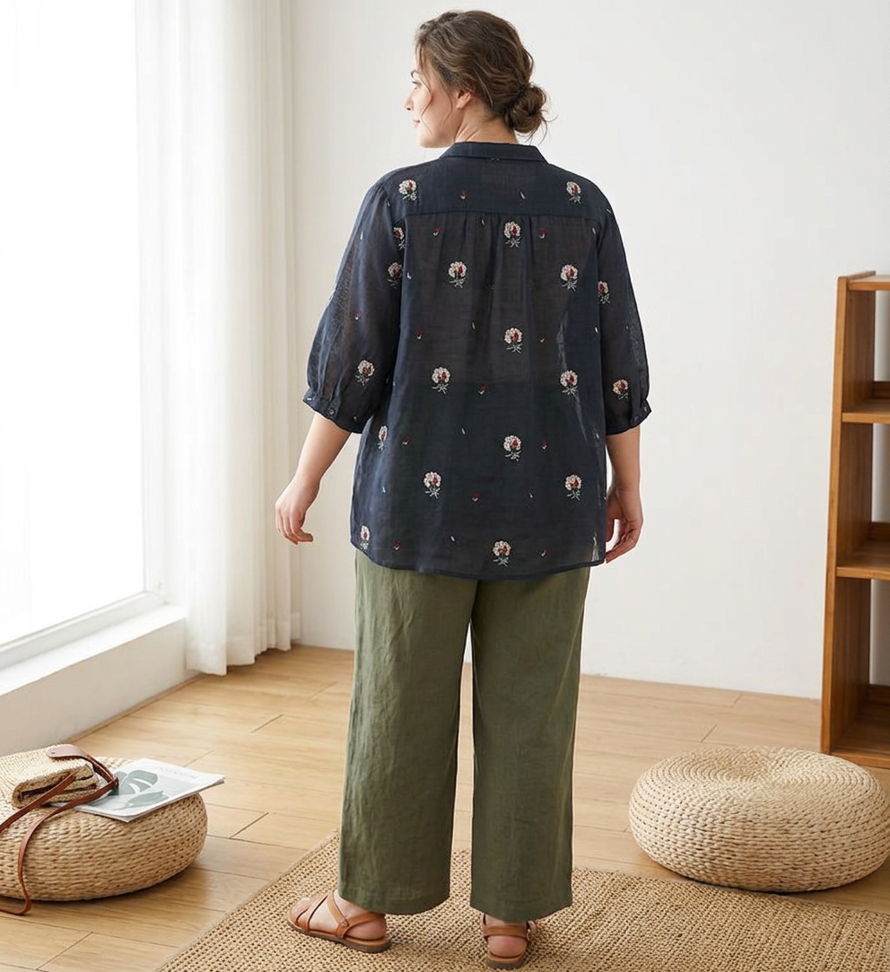 Rin - Katoenen Bloem Geborduurd Comfortabel Shirt
