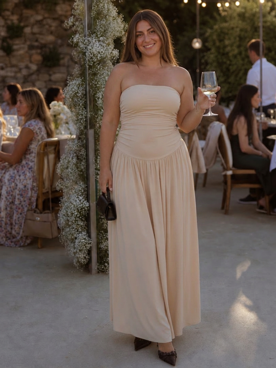 Clemence | Strapless Gerimpelde Midi-jurk