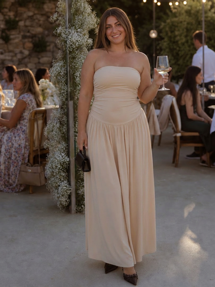 Clemence | Strapless Gerimpelde Midi-jurk