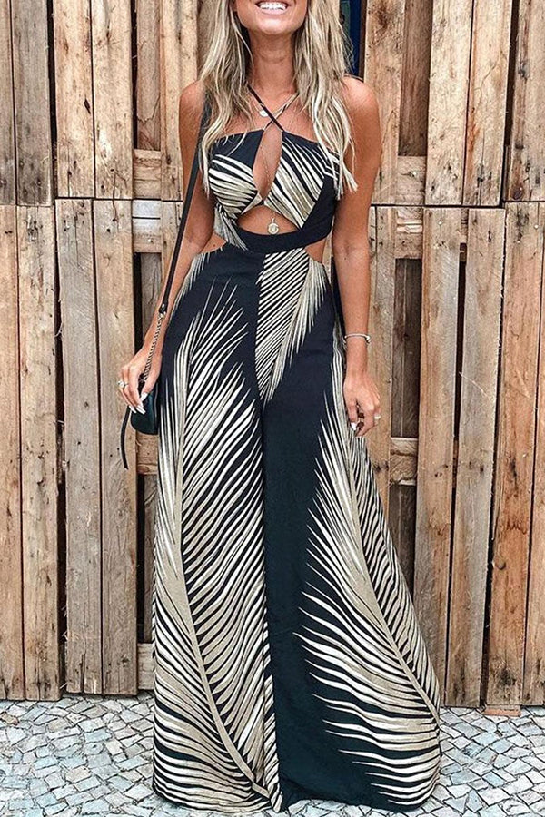 Yvaine - Tropische Palmblad Print Cutout Wijde Pijpen Jumpsuit