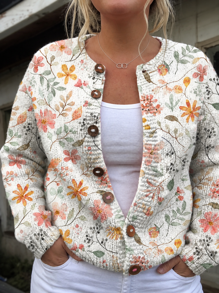 Dames Gebreide Vest met Bloemenprint en Knopen Vooraan