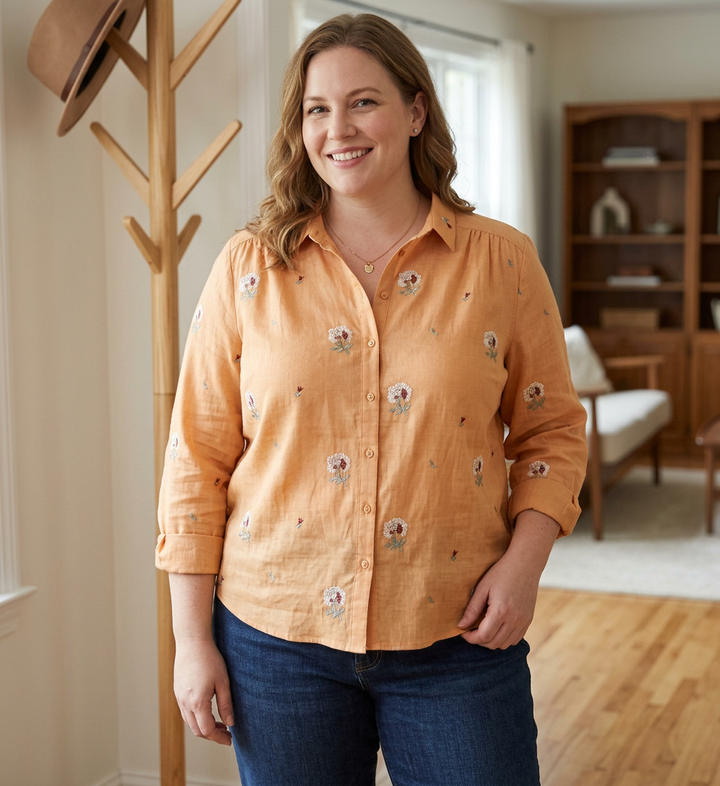 Rin - Katoenen Bloem Geborduurd Comfortabel Shirt