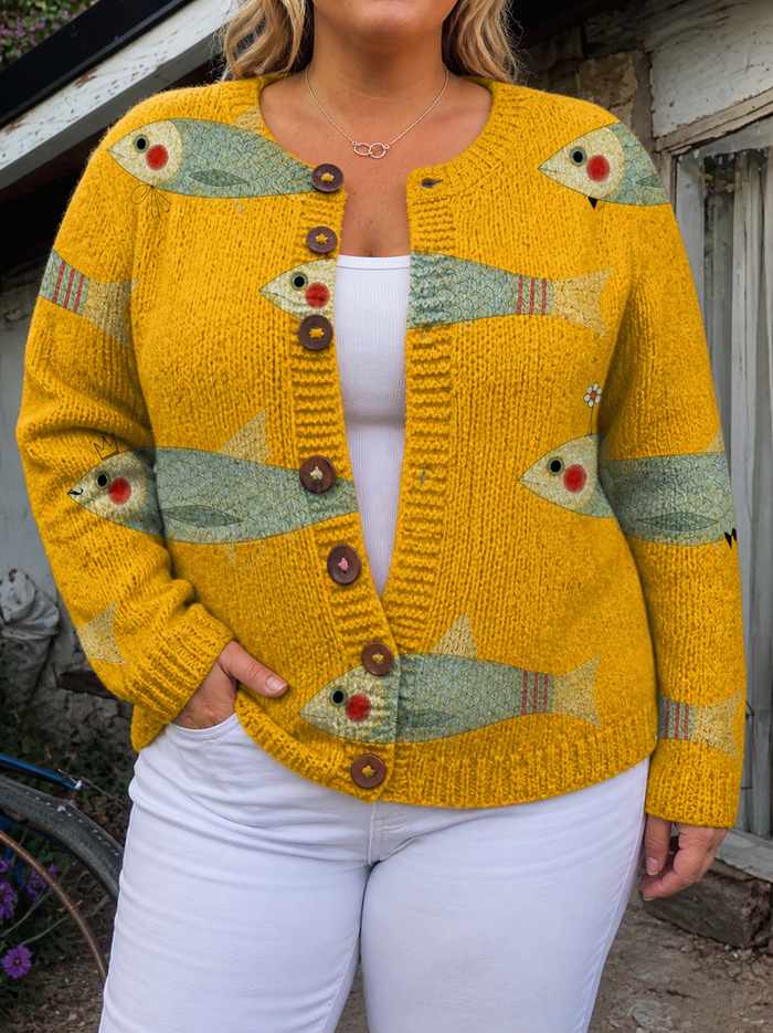 Dames Geel Vest met Vissenprint en Lange Mouwen