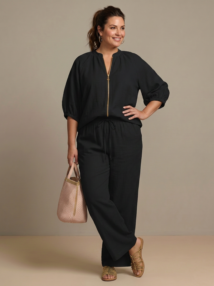 Cecily | Zip Front Blouson Top Wide Leg Set
