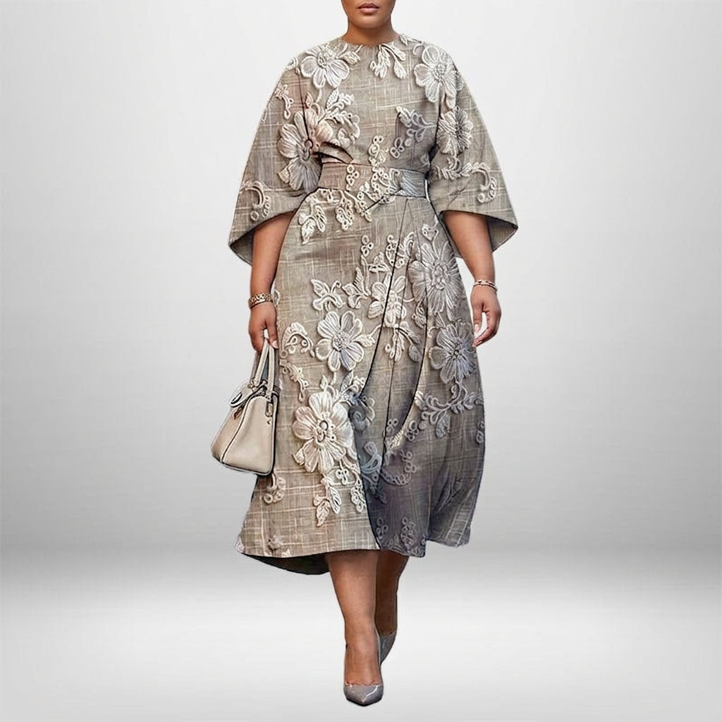 YASMIN | Geborduurde Bloemen Midi met Gesculpte Taille en Tijdloze Grace