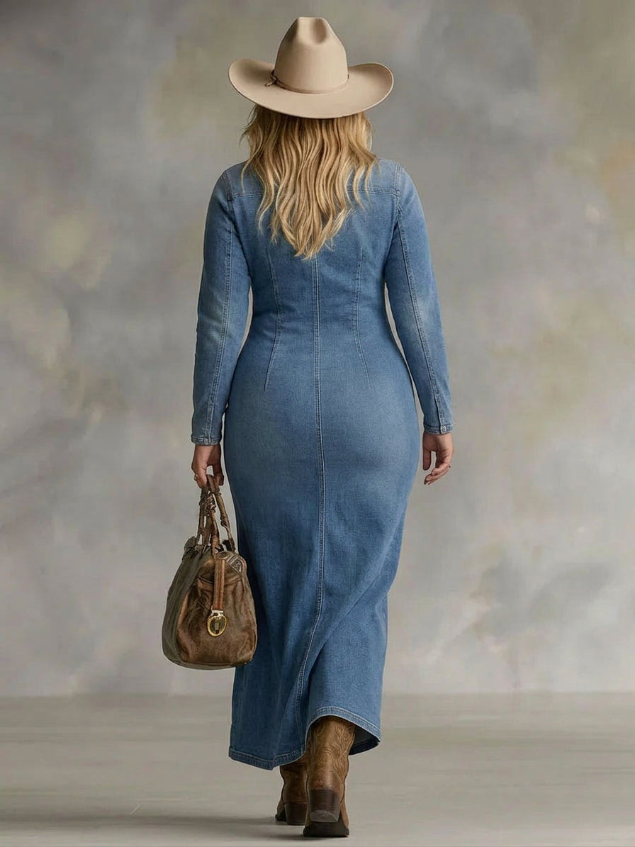 Gwen | V-hals Enkele Knop Zijkant Split Denim Lange Mouwen Maxi Jurk