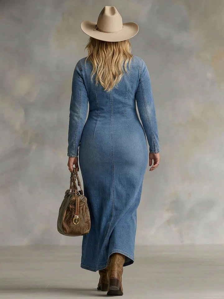 Gwen | V-hals Enkele Knop Zijkant Split Denim Lange Mouwen Maxi Jurk