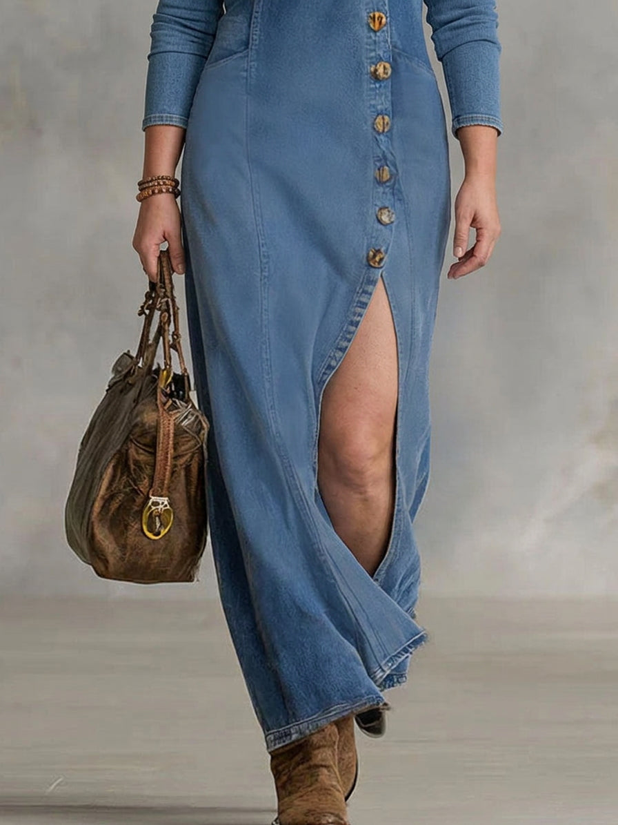 Gwen | V-hals Enkele Knop Zijkant Split Denim Lange Mouwen Maxi Jurk