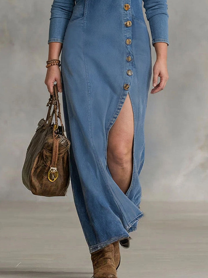 Gwen | V-hals Enkele Knop Zijkant Split Denim Lange Mouwen Maxi Jurk