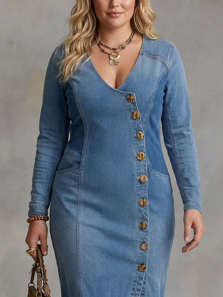 Gwen | V-hals Enkele Knop Zijkant Split Denim Lange Mouwen Maxi Jurk