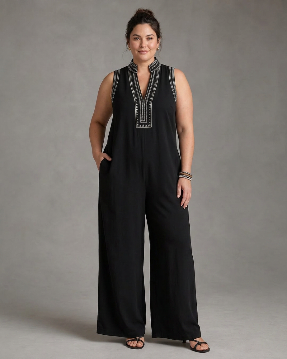 Wilhelmina | Geborduurde V-hals Mouwloze Wijde Pantalon Jumpsuit