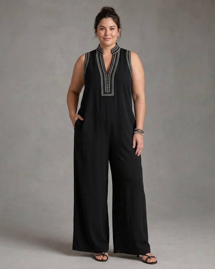 Wilhelmina | Geborduurde V-hals Mouwloze Wijde Pantalon Jumpsuit