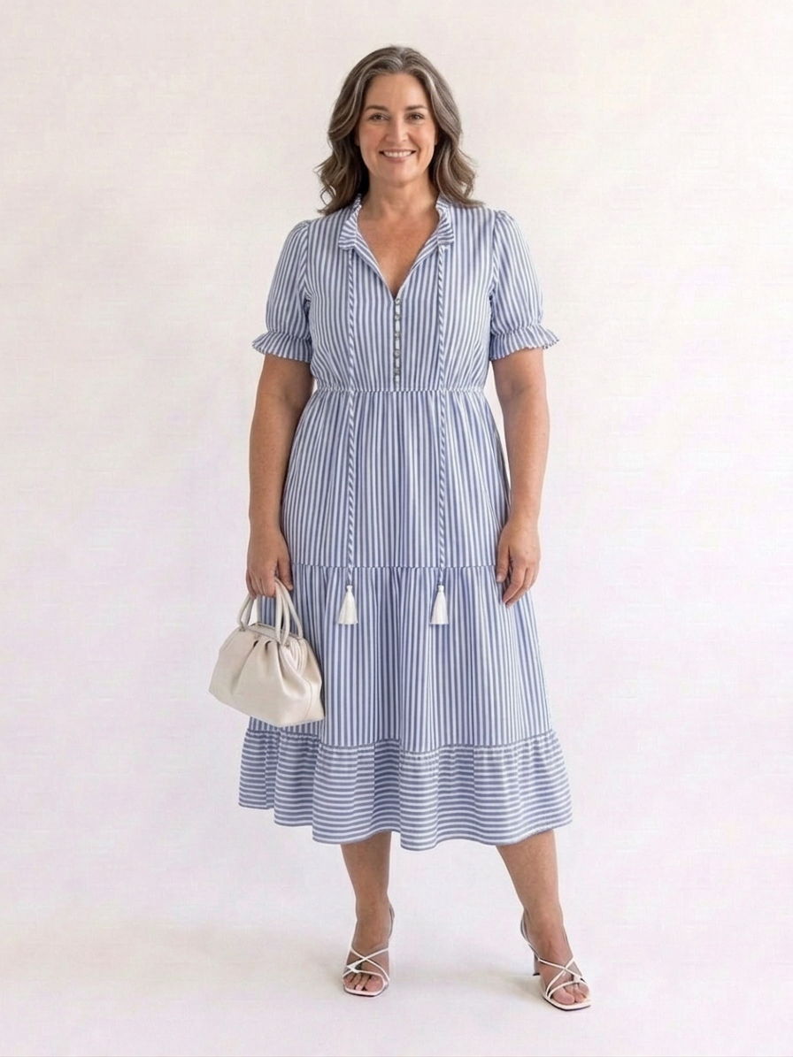 Oleander | Korte Mouw Gestreepte Tiered Midi Jurk
