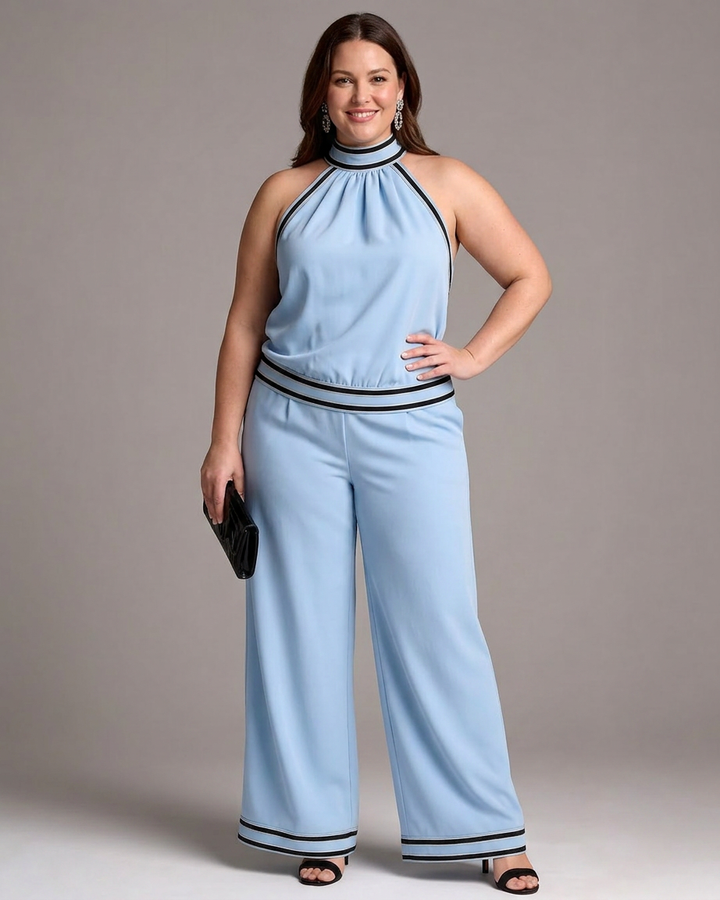 Saffraan | Contrast Trim Halter Neck Wijde Pijpen Jumpsuit