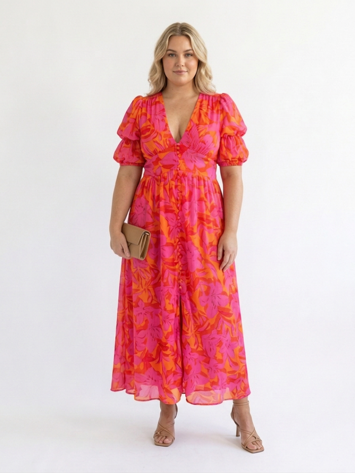 Beatrice | Bloemen V-Hals Puff Sleeve Midi Jurk