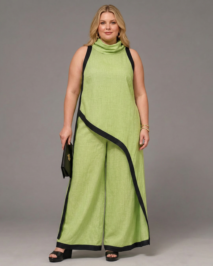 Genevieve | Mouwloze Gelaagde Top met Contrastafwerking en Brede Pantalon Set