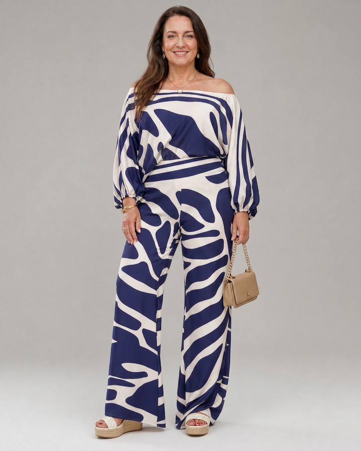 Calliope | Abstracte Print Off Shoulder Top en Brede Pantalon Set
