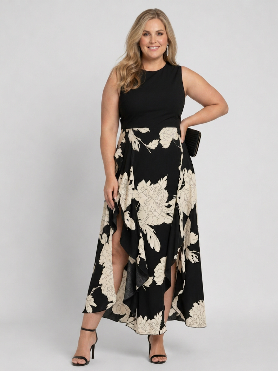 Shiloh | Mouwloze Bloemenprint Midi-jurk met Hoge Laag Zoom