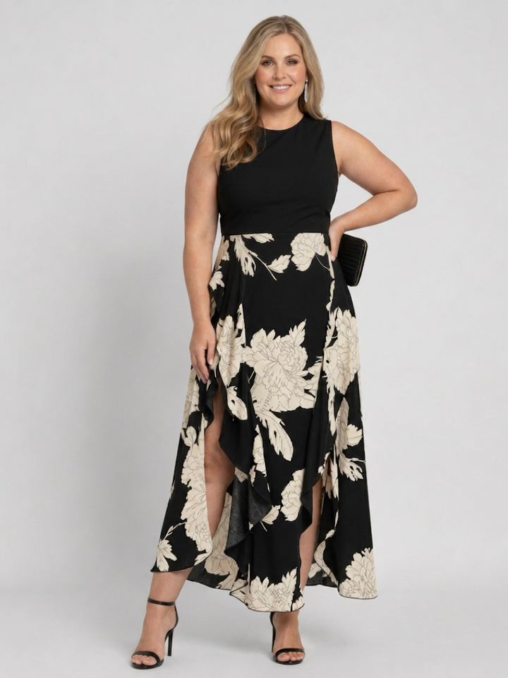 Shiloh | Mouwloze Bloemenprint Midi-jurk met Hoge Laag Zoom