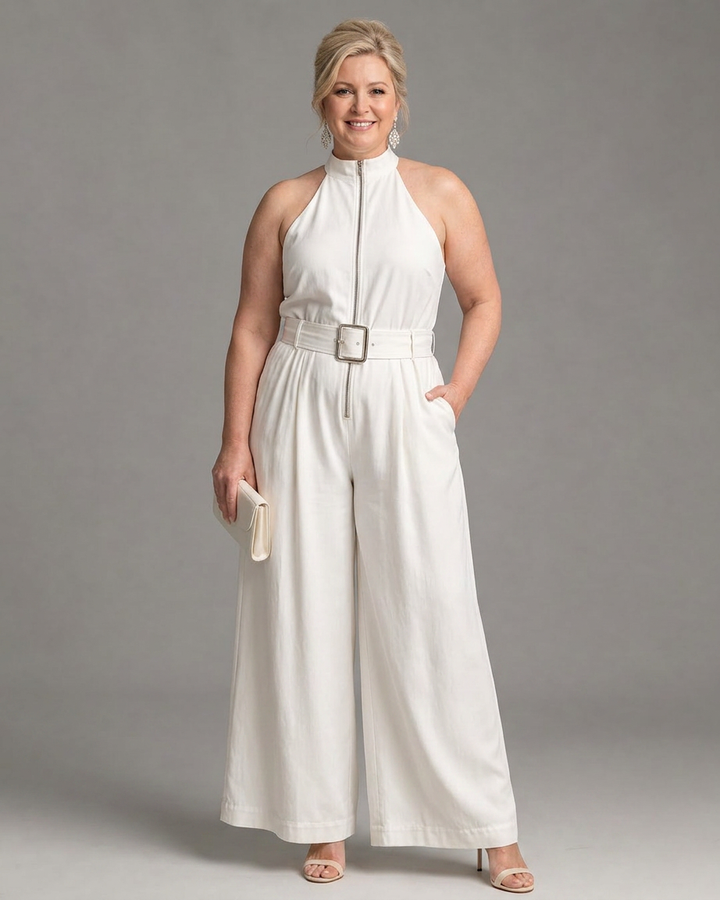 Fleur | Hoge Hals Met Ceintuur Brede Pijpen Mouwloze Jumpsuit