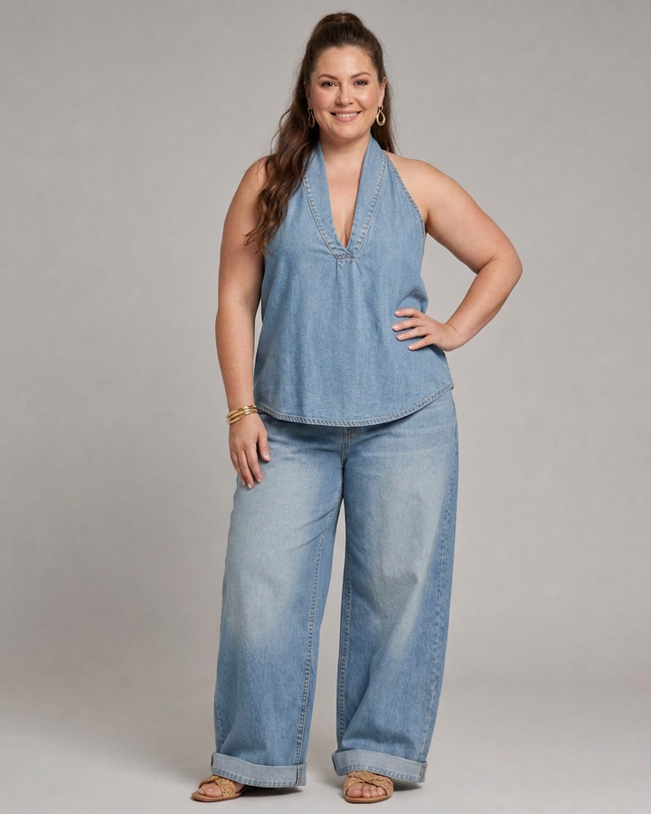 Opaline | Halter Neck Denim Top en Brede Pantalon Set