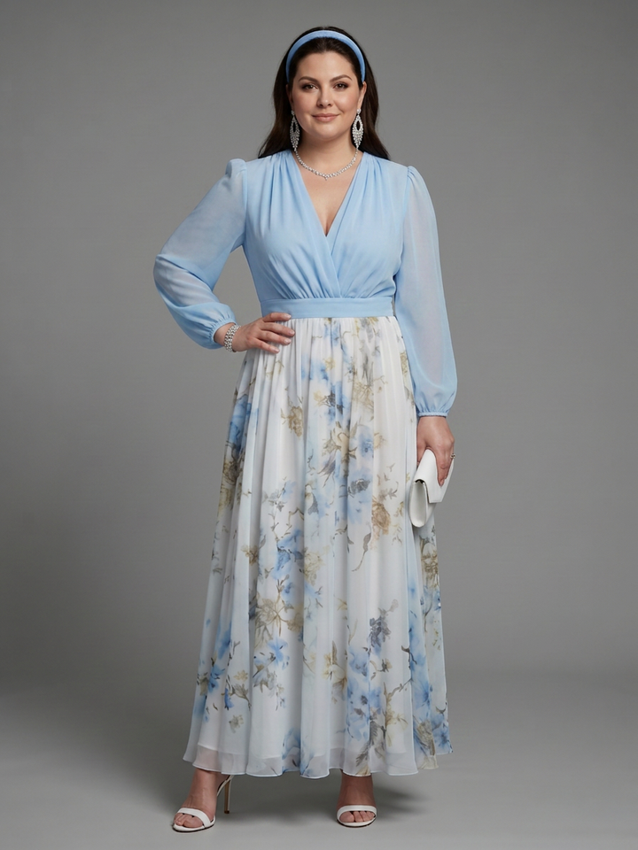 Nia | V-Hals Doorzichtige Bovenkant Bloemen Maxi Jurk