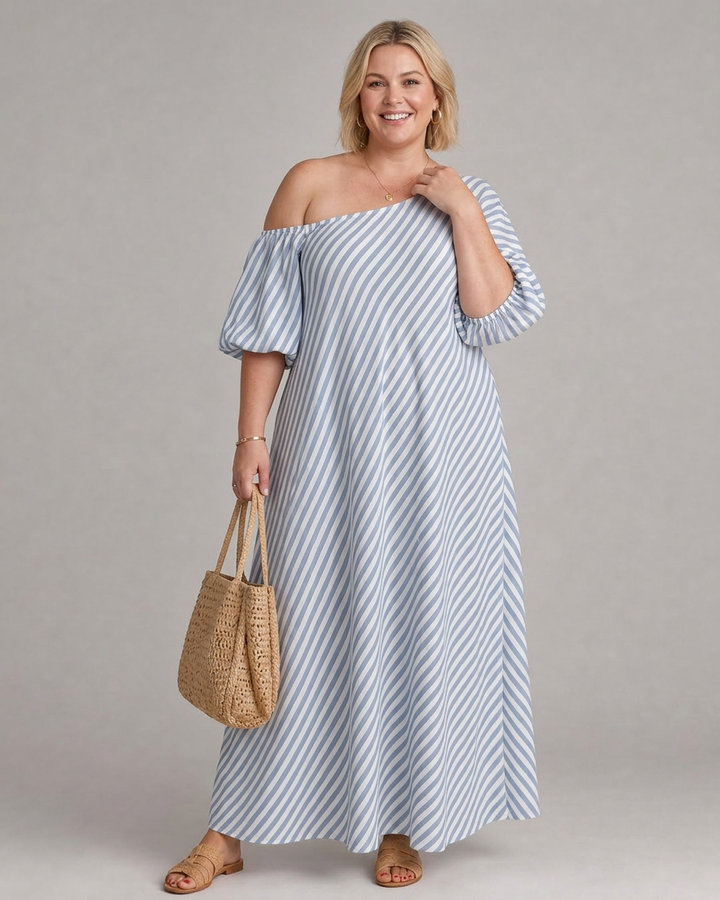 Seraphina | Gestreepte Off Shoulder Puff Sleeve Midi Jurk
