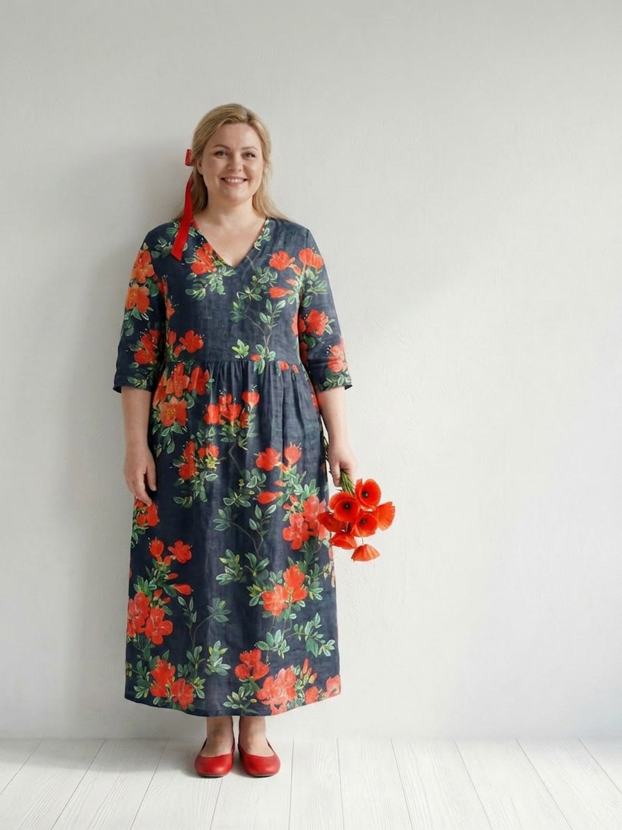 Hana | Kalme Drapé Bloemen Midi Jurk