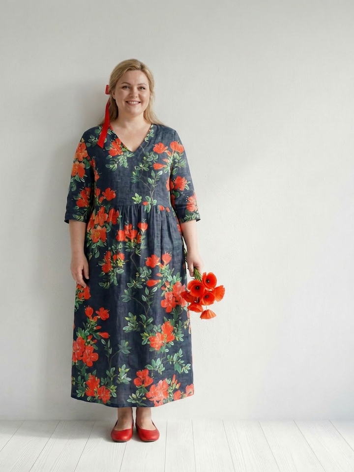 Hana | Kalme Drapé Bloemen Midi Jurk