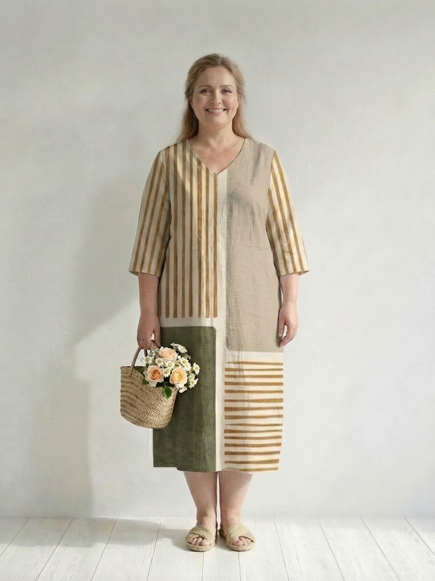 Maybelle | Licht Gemengd Streep Midi Jurk