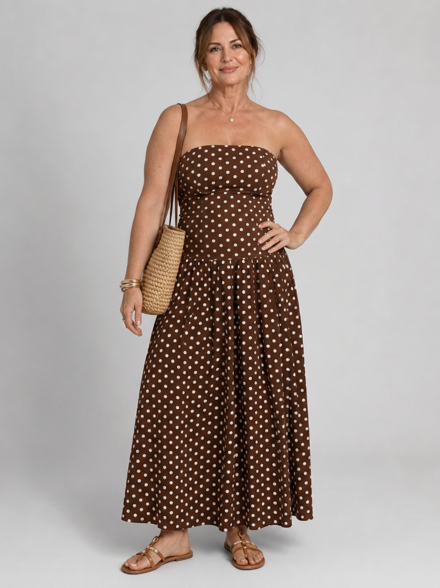 Olwen | Strapless Polka Dot Pattern Midi Dress