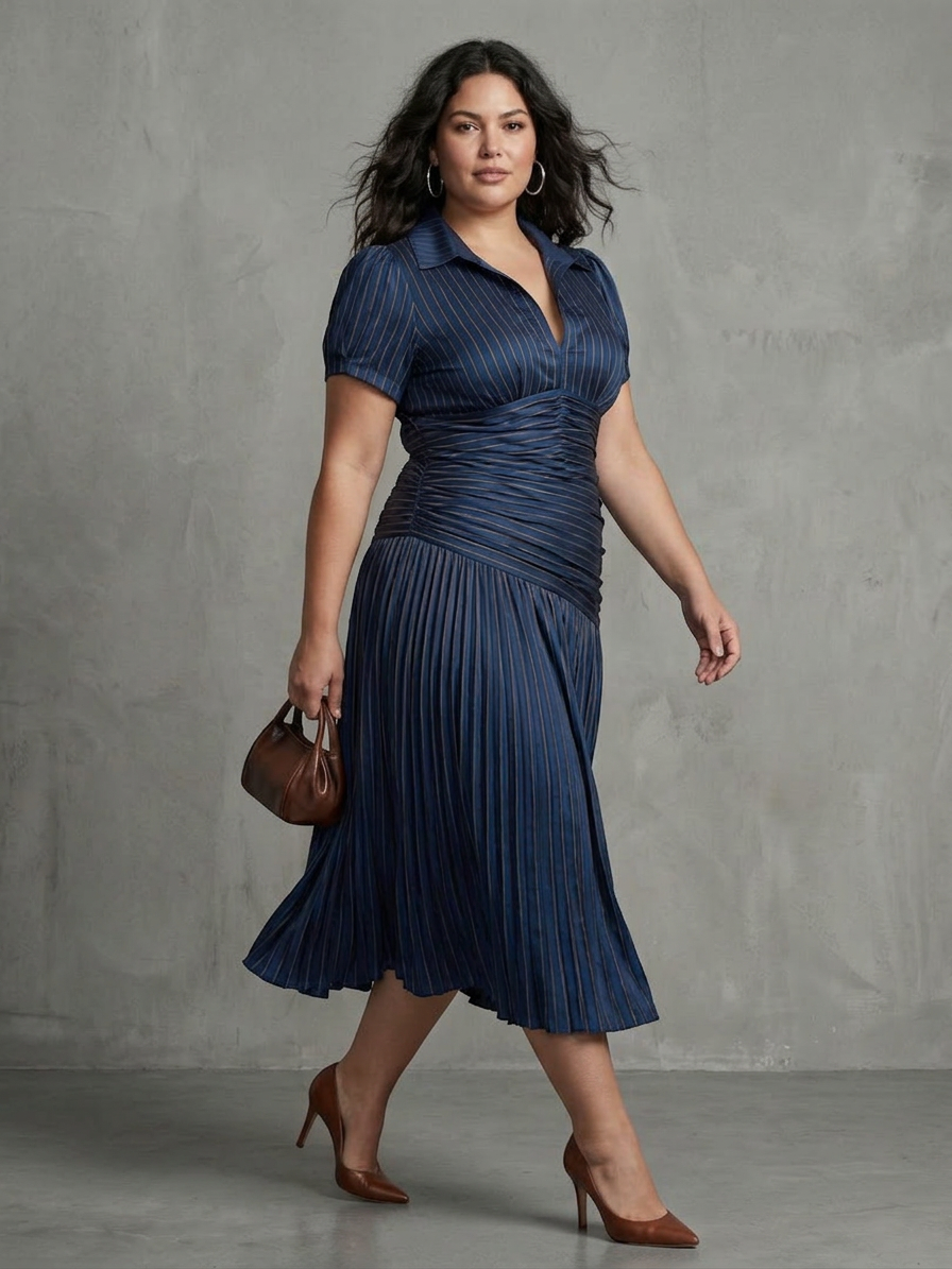 Vita | Plissé Taille Streep Midi Jurk
