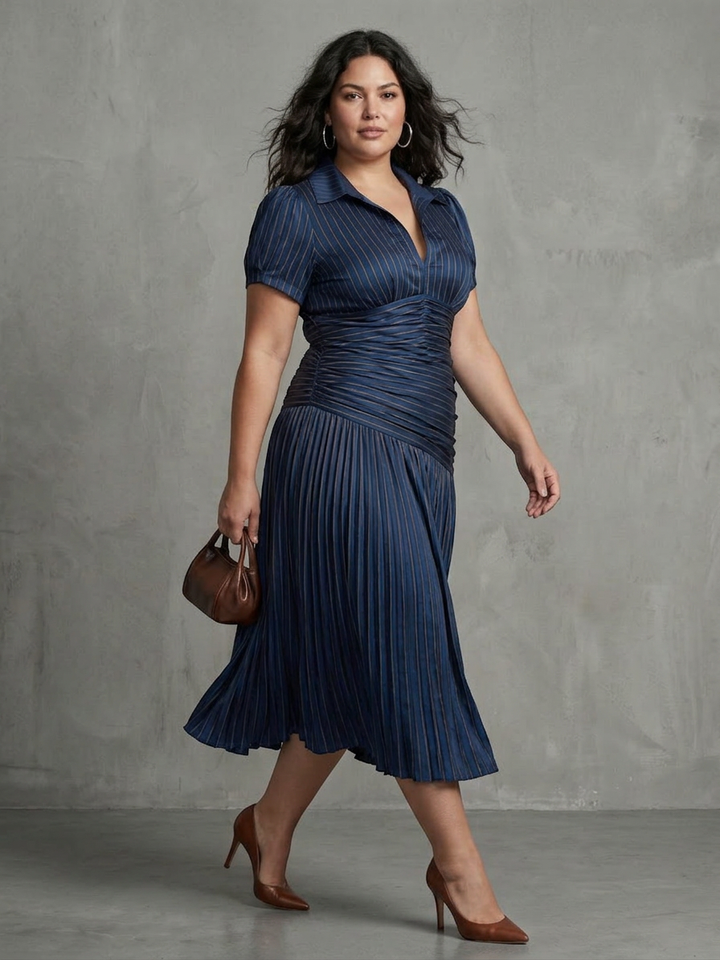 Vita | Plissé Taille Streep Midi Jurk