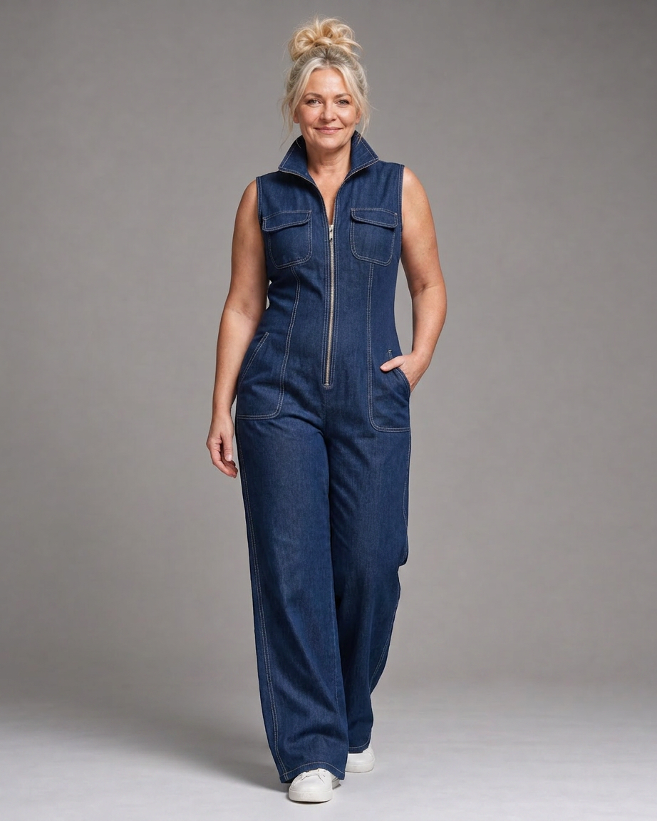 Freya | Zip Front Mouwloze Denim Wijde Pantalon Jumpsuit