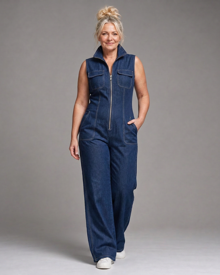 Freya | Zip Front Mouwloze Denim Wijde Pantalon Jumpsuit