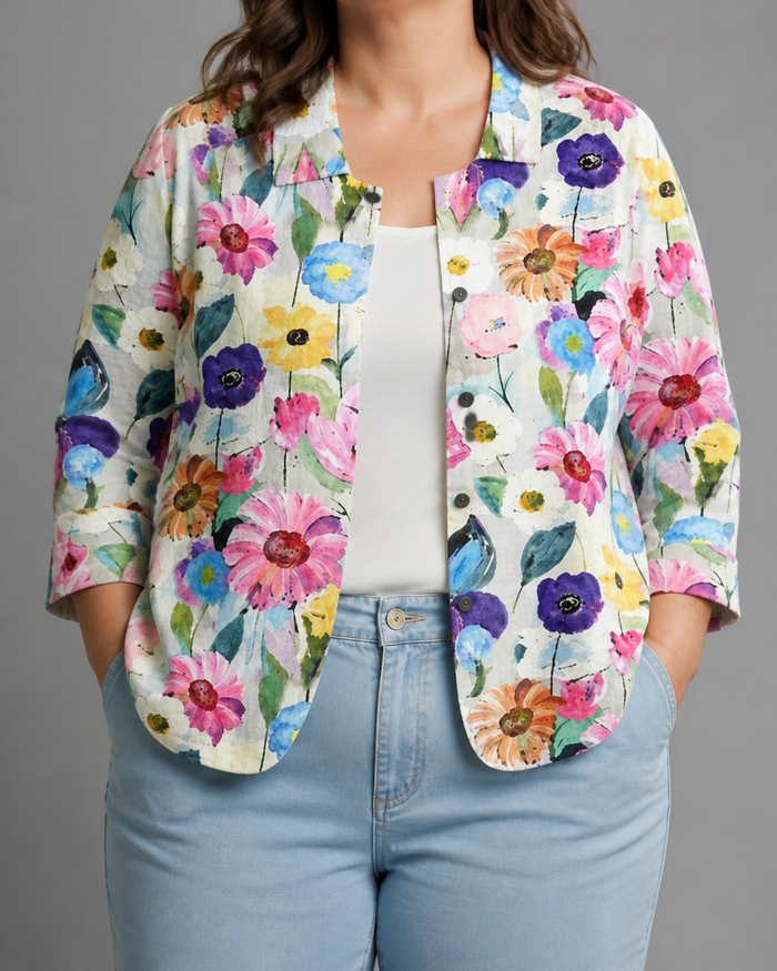 Dames Blouse met Handgeschilderd Bloemenprint en Puntkraag
