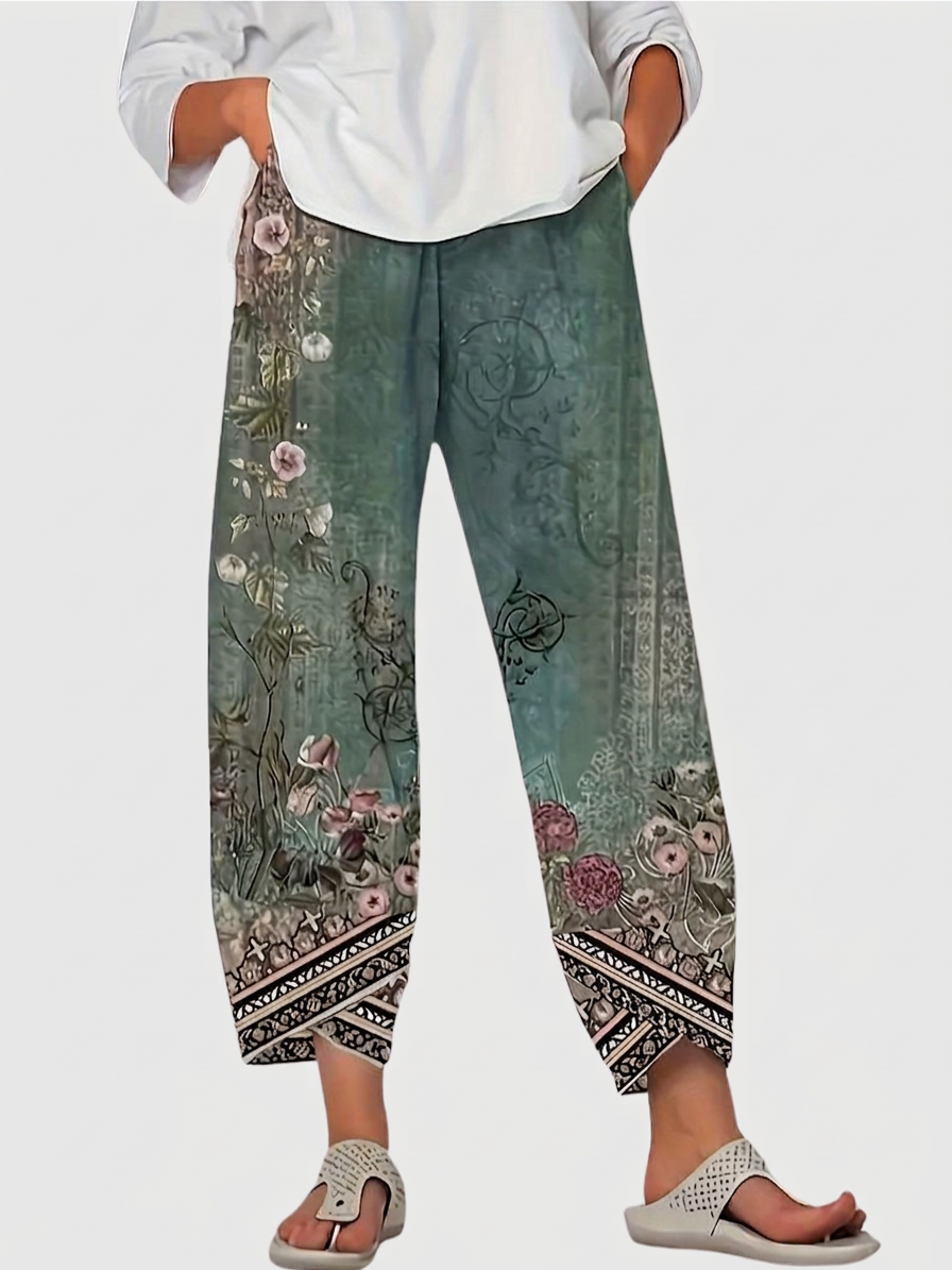 Olwen | Vintage Bloemen Capri Broek Met Elastische Taille