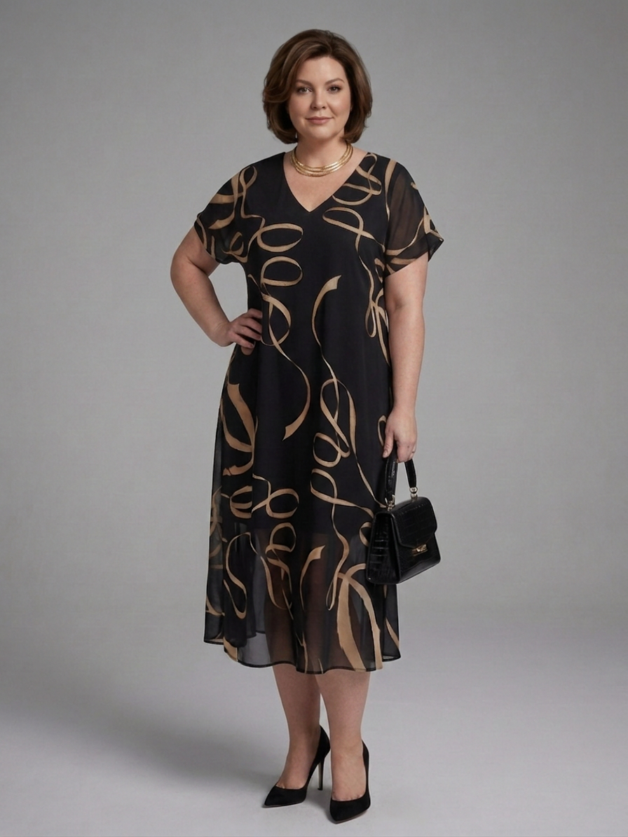 Rin | Abstract Midi Jurk met Korte Mouwen