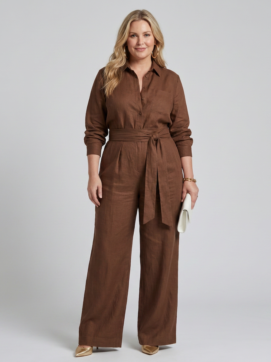 Bonnie | Lange Mouwen Knop Voorkant Wijde Pijpen Jumpsuit